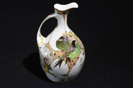 Rozenburg Den Haag Ewer: Hand decorated Art Nouveau design of birds, flowers and branches. Dutch eggshell porcelain with the date mark of 1901. Very good condition with no damage or repairs. 8 1/4" high.