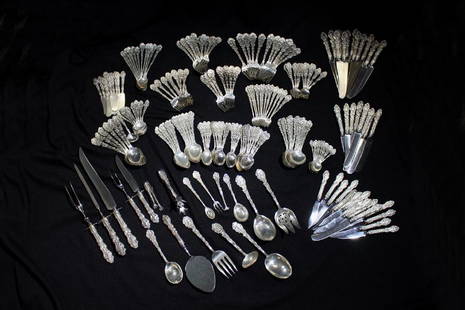 221 Pieces Gorham "Versailles" Sterling Flatware: Nearly a complete service for 12 with no monograms and in very good condition. Many of the pieces have the Gorham date mark for 1875. The inventory and weight is included in the photos.