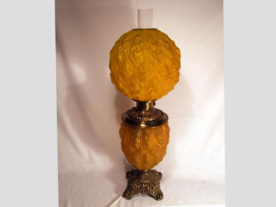 Yellow Satin Banquet Lamp: Blow-out draped design, 27 1/2" high plus chimney. Electrified and lighted top and bottom.