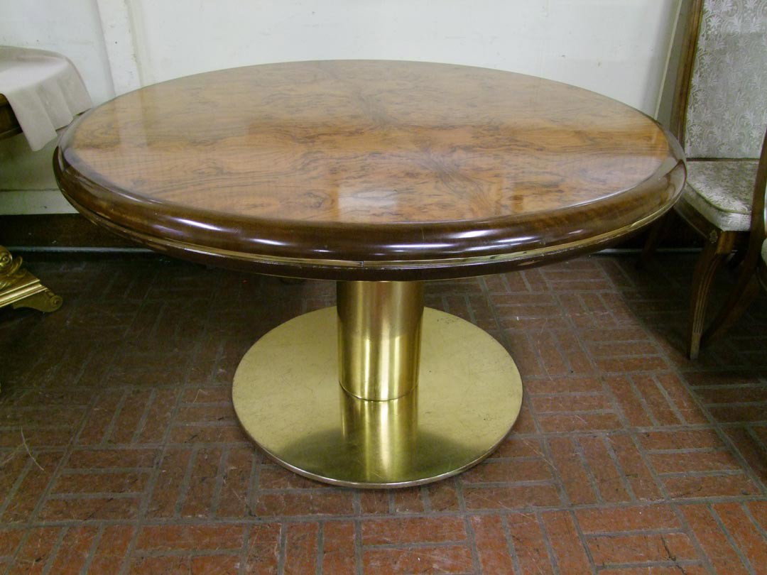 Gianni Furniture Center Table: High end table with 48" burled top on brass pedestal base. 29 1/2" high. 1960s 1970s