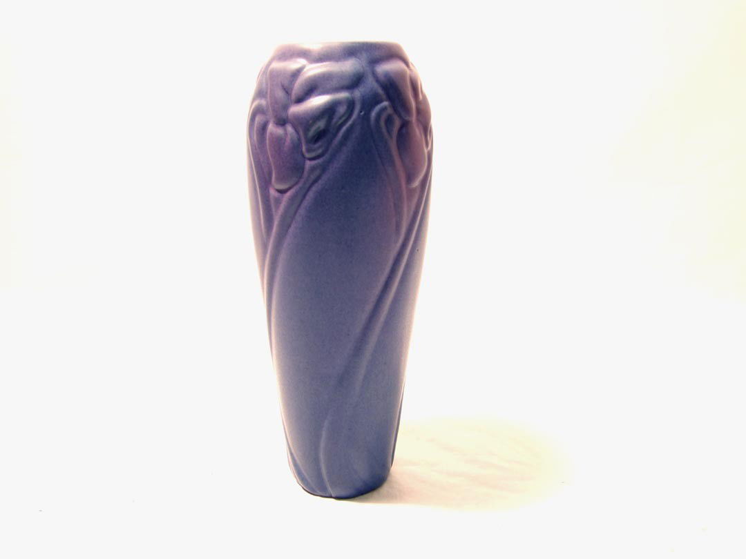 Van Briggle Pottery: Van Briggle Daffodil 9 1/2" vase, blue with mulberry high lights.