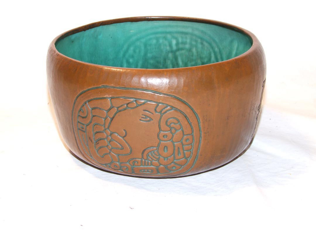 Copper Clad Bowl: Copper over green pottery bowl in Mayan patterns. No Makers Mark. 7 1/2" diameter x 4" high.