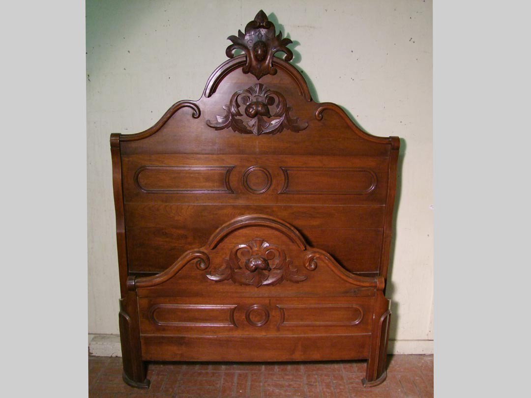 Walnut Victorian High Back Bed: Refinished full size bed with applied carving and trim. Original wood side rails. 1860s. 75" high.