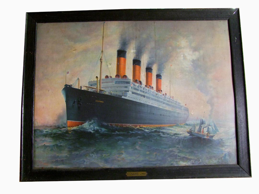 Cunard Line Framed Tin Advertising Poster: Artist signed "A.F. Bishop" tin advertising poster of The Aquitania, sister ship to The Titanic. Original oak frame with the Cunard Line plaque. The surface is untouched and needs to be cleaned. The p