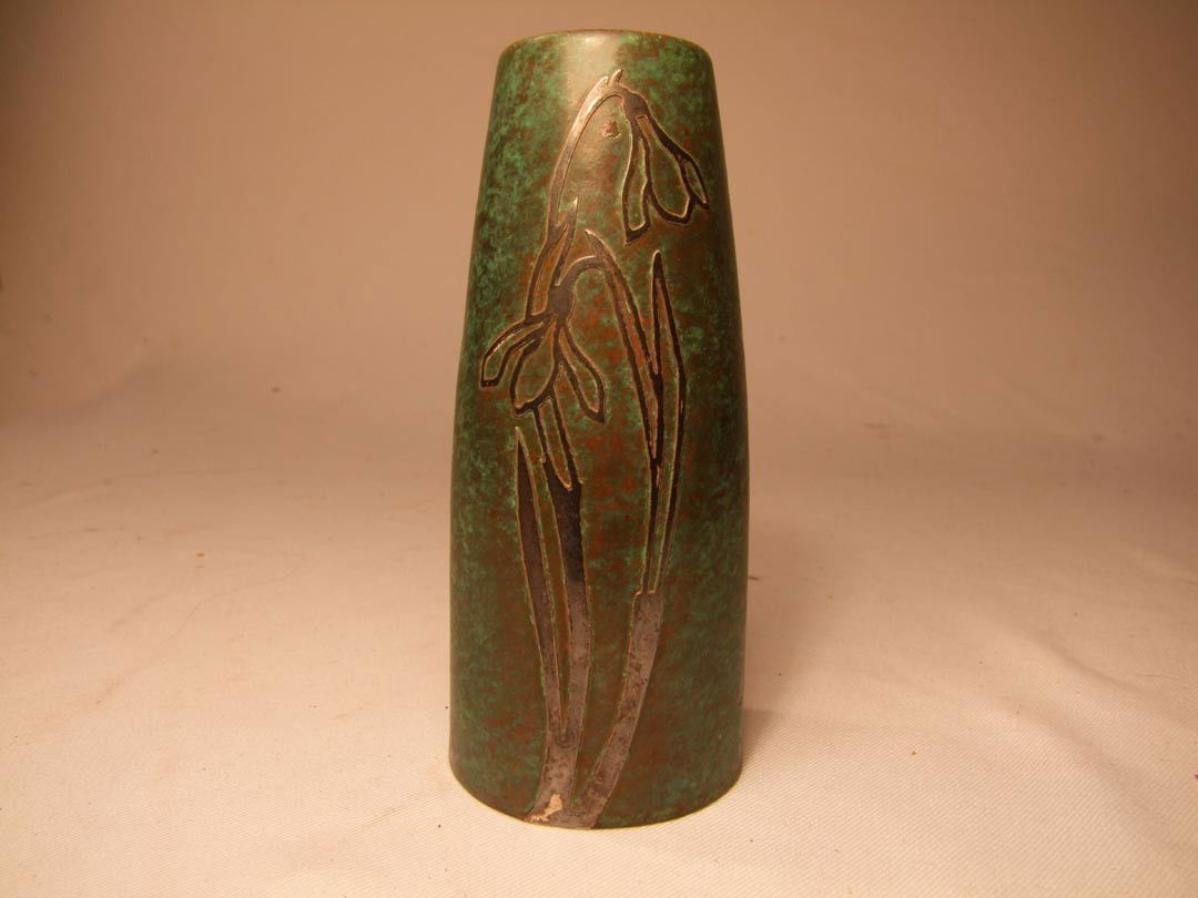 Silvercrest Bronze Vase: 6" vase with original green patina and applied silver flowers. Marked on bottom.
