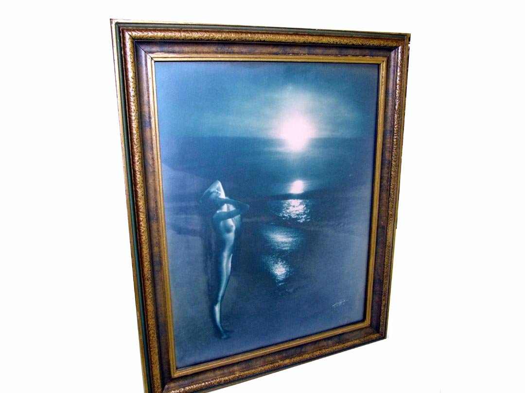 Edward Curtis Blue Orotone: Titled " Sunset Trails" by Edward Sheriff Curtis, blue toned gelatin silver print. Signed in lower right corner. Image size 10 1/2" x 13 1/2". Frame size 13 1/2" x 16 1/2" high.