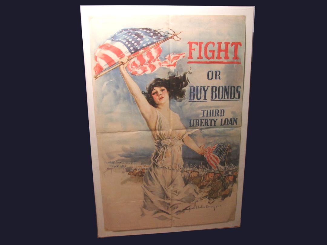 Howard Chandler Christy Poster, 1917: "Fight Or Buy Bonds, Third Liberty Loan". Original World War I propaganda poster published by Forbes of Boston. Signed and dated in the plate. Folds are the original mailing folds except for the fold 