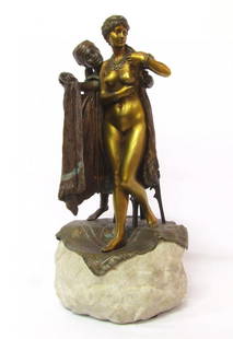 Bergman Double Figure Mechanical Bronze: Franz Bergman, early 20th century, double figure naughty bronze of a gilt bronze standing woman and her servant opening her robe. The servant's arm is pinned to pivot, opening the robe to reveal the