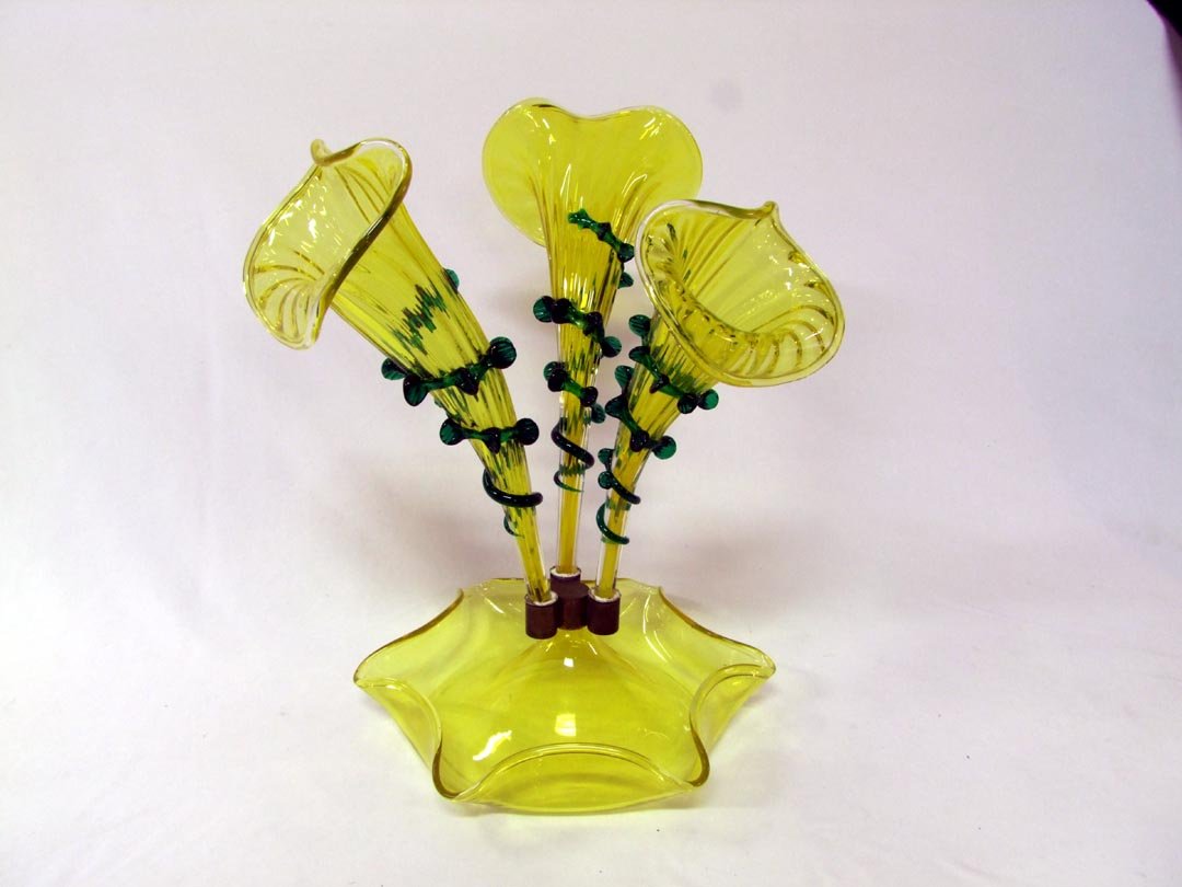 Vaseline Epergne: Three trumpet epergne, each trumpet with wrapped spiraled green glass. 9 1/2" diameter bowl x 13 3/4" high. Trumpets can be removed.