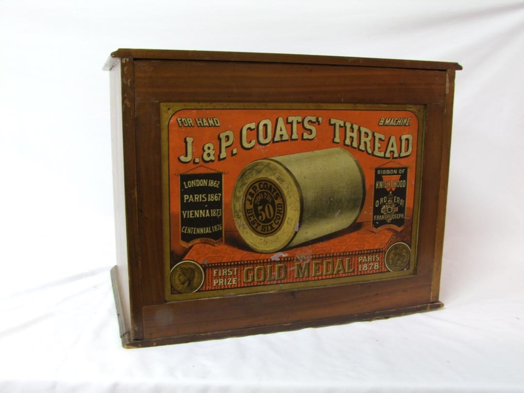 J&P Coat's Thread Cabinet: Walnut 6 drawer spool cabinet for J&P Coat's, thread for hand sewing and machine. Grain separation down from the top on one side and scrubbed finish.