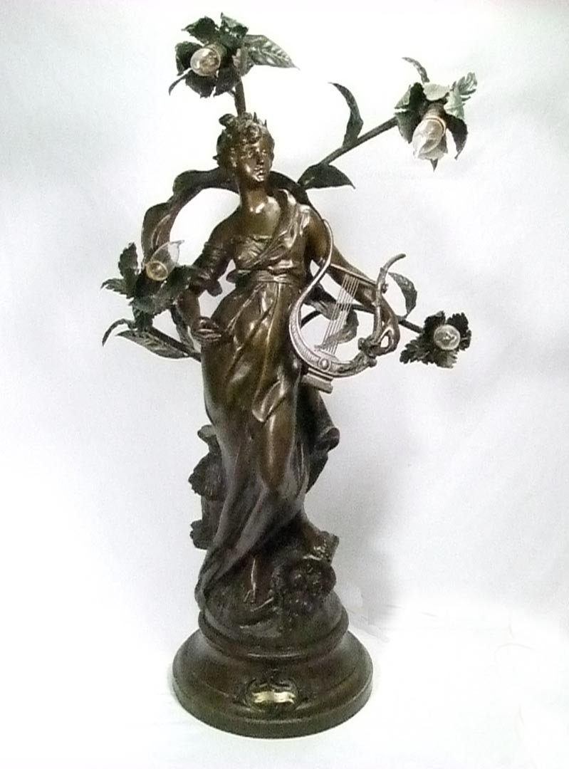 40" Muse Champetre By Louis Moreau: 1900s Art Nouveau Four Light Patinated Spelter Sculpture Of Eurydice, The Wife Of Orpheus Signed In The Casting And A Brass Title Plaque On The Base Front. Repaired Arm Shown In The Photo. 13 1/4" Dia
