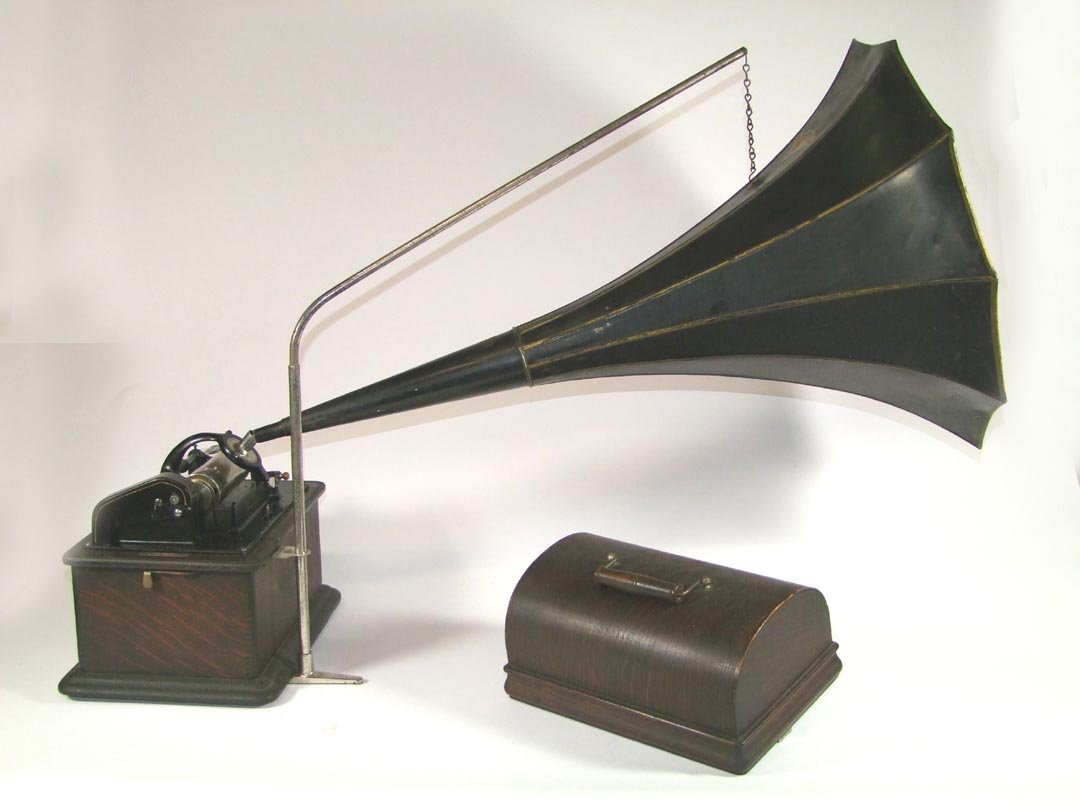 Edison Standard Phonograph: Oak case cylinder player with morning glory horn. Very clean and works. Horn measures 19" diameter x 31".