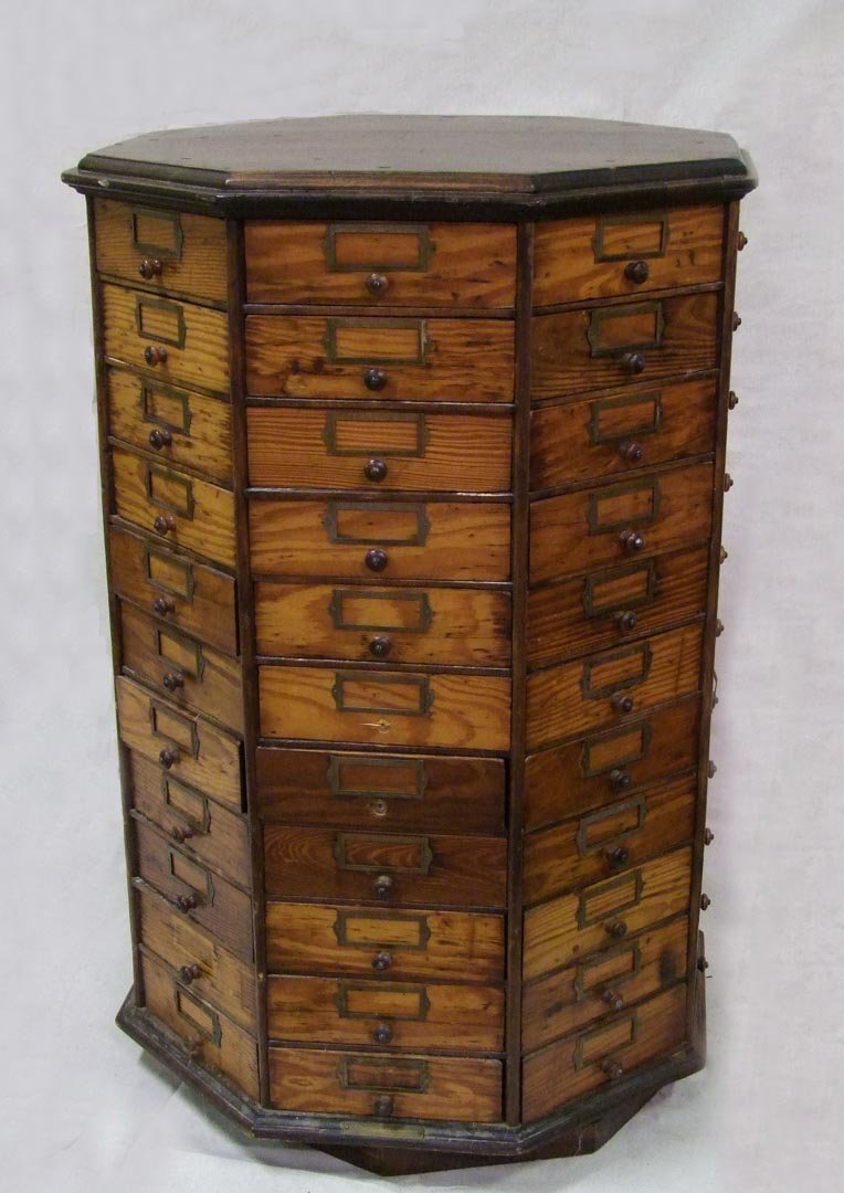 Bolt And Screw Cabinet: Revolving 88 drawer cabinet made by "The American Bolt & Screw Case Co., Dayton, Ohio USA" refinished and ready to use. 26 1/2" diameter x 38 1/4" high.