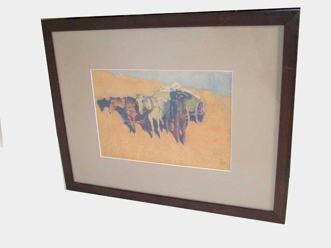 Remington Print: Artist proof print, "Benighted For A Dry Camp", by Frederic Remington. Frame size 21 1/2" x 17" high.