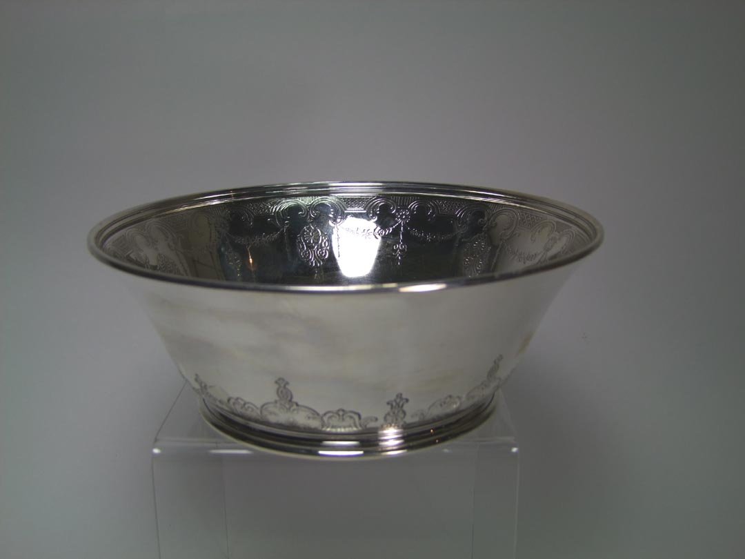 Sterling Tiffany Bowl: The design on the inside wall of the bowl is inverted and repeated for the lower outside decoration. Marked Tiffany & Co., 18590A Makers 12234, Sterling Silver, 925-1000 with the date mark M for 1907 