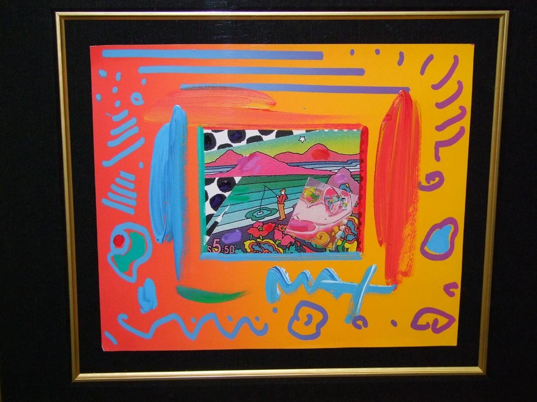 Peter Max Fishing Collage: Original mixed media on card stock signed MAX with two curled corners shown in the photos. Not removed from frame for examination. Image measures 14 x 12" high with original frame measuring 26" x 24"