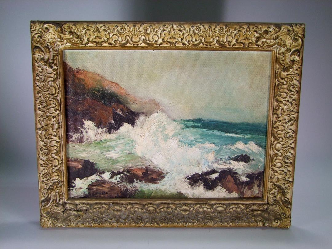 Ernest Lawson Painting: Oil on masonite by impressionist artist Ernest Lawson (American 1873 - 1939) titled on the back "Maine Coast". He was a member of a group of artists know as "The Eight" that challenged the dominance o