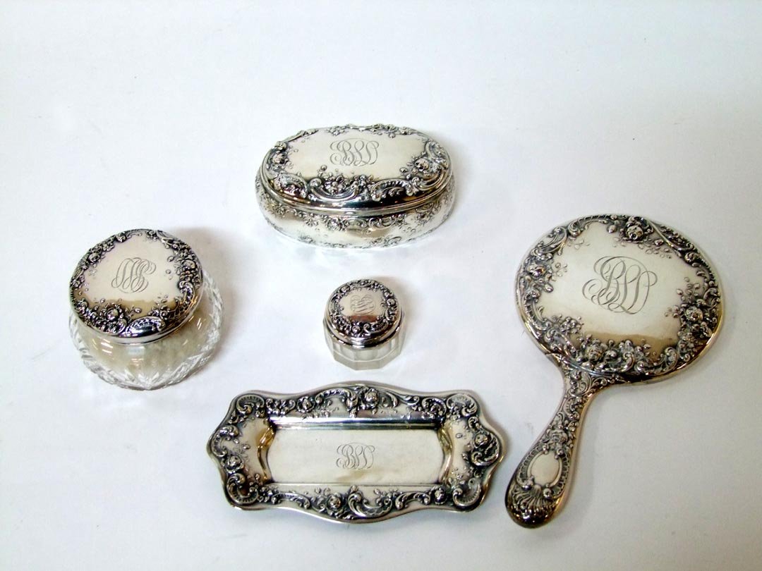 Gorham Sterling DRESDEN ROSE: Sterling vanity set by Gorham in "Dresden Rose" pattern. Set consists of C435 hand mirror with minor dimples around mirror frame, B144 pin tray with wear on 12 raised areas, S2595 cut glass powder box