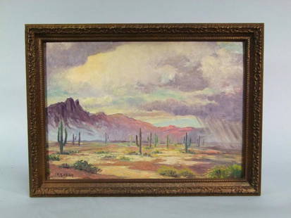 Joseph Henry Sharp Painting: Titled on the back "Desert Rain", Joseph Henry Sharp (American 1859 - 1953). Oil on art panel in very good condition signed in lower left corner. 20" x 14" panel in frame measuring 23" x 17" high.