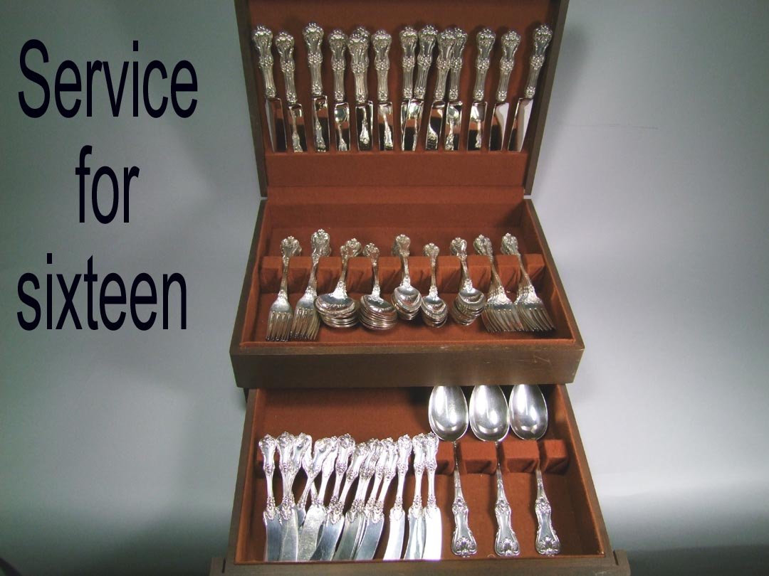 Frank Smith Federal Cotillion: 115 piece sterling flatware set by Frank Smith, Federal Cotillion pattern, service for 16. Very good condition. List and weight shown in photo.