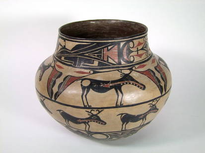 Rare Large Zuni Olla: Double Dear Heart Line design made by a master potter of the Zuni Pueblo south of Gallup, New Mexico. Early pots like this were not signed by the Maker. Museum quality and excellent condition with min