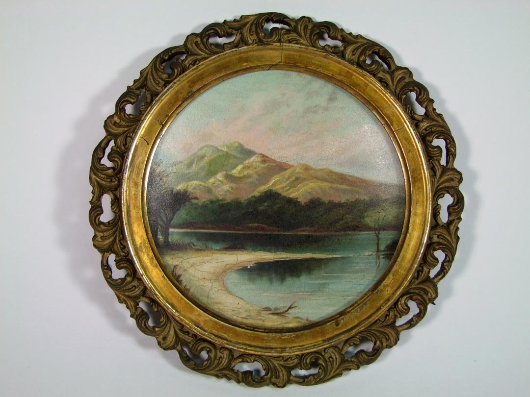 James David Smillie Painting: Oil on round panel signed with monogram on reverse for James David Smillie (1833 - 1909) of Colorado Lake and Mountains. 8" in diameter with original frame measuring 11" in diameter. Crackling in the 