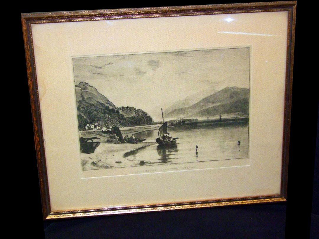 JMW Turner Etching: JMW Turner (1775-1851) etching, Inverary Pier, Lock Fyne Morning, Scotland. Etched and engraved by Turner in 1811, sheet measures 13 1/4" x 10 3/4" high and image is 9 1/2" x 63/4" high. Light water s