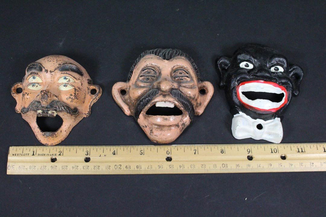 Novelty Bottle Openers: Three bottle openers, two 4-eye (one signed Wilton) and one black man.