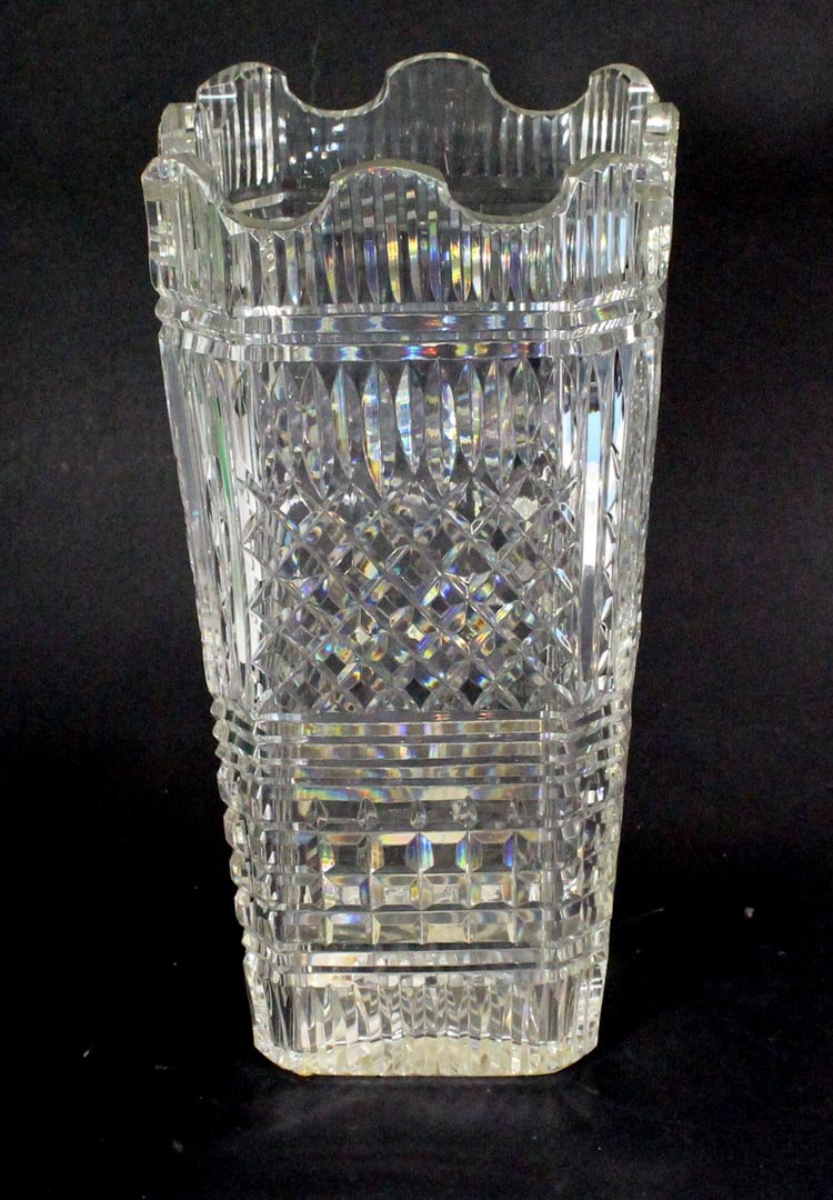 Waterford Square Vase: Signed Waterford by hand and Waterford stamp mark with COA #97168 for 221-211 12" square vase. Master Cutters series. Original box has tape.