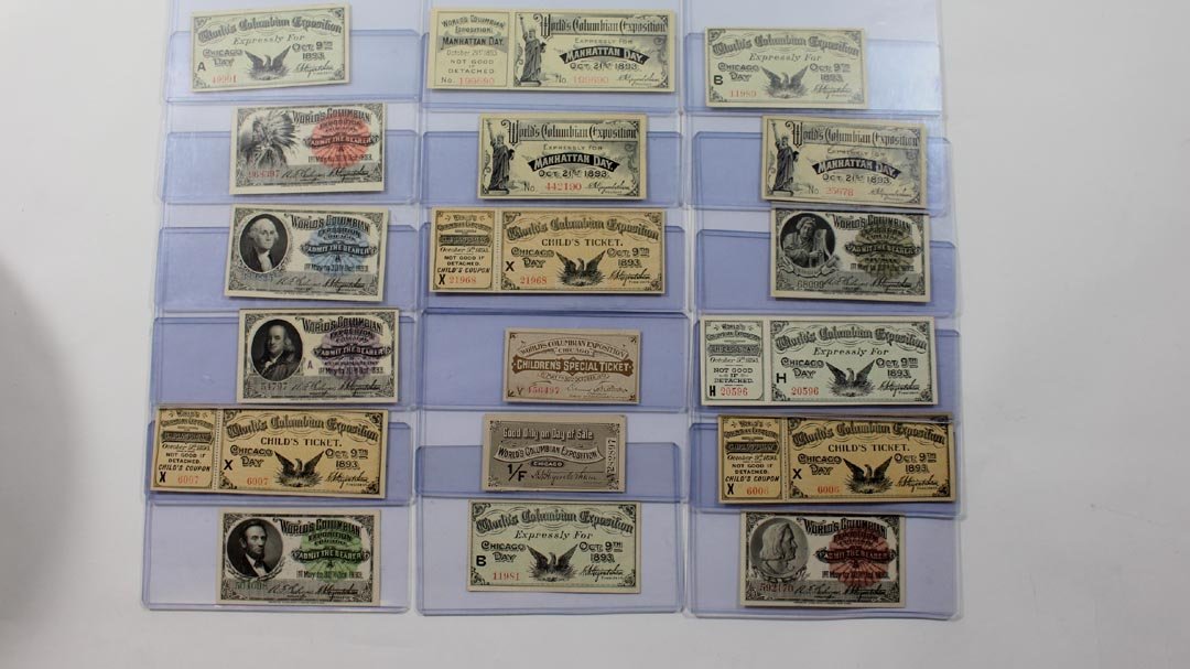 Collection Of 18 Columbian Exposition Tickets: 18 used and unused tickets for the World's Columbian Exposition, 1893. Various dates to the events and all in very good condition.
