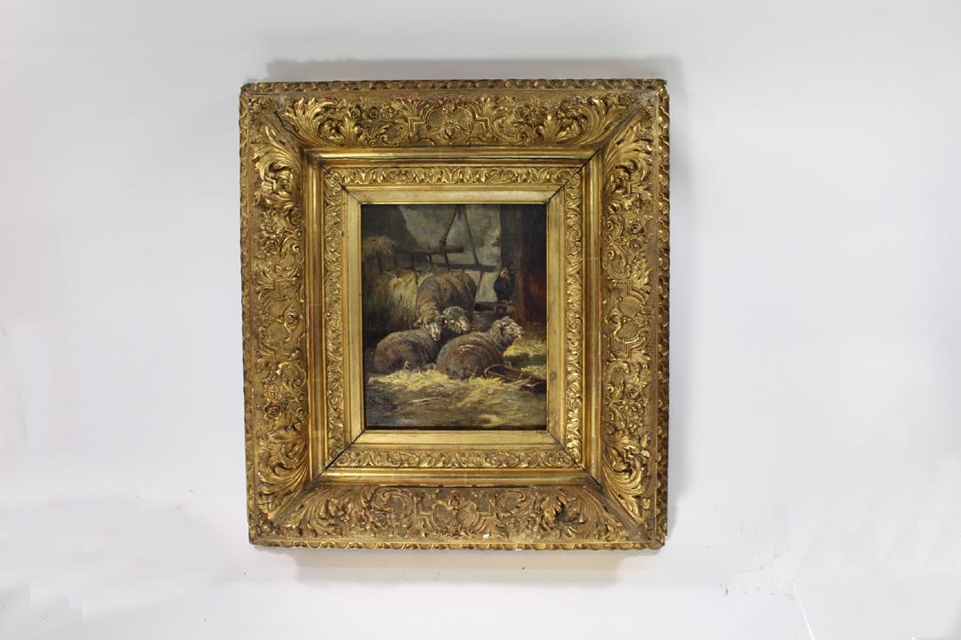 N.M. Pairpoint Painting Of Sheep: The remnants of a label on the back indicates that the title of the painting is "The Sheep" by Charles Emile Jacque. The painting has his name on the lower left but below that is the name N.M. Pairpoi