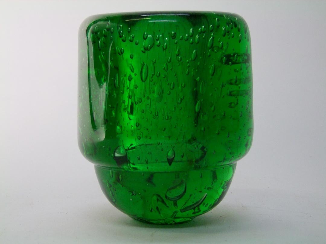Marinot Art Deco Vase: Thick heavy green glass with controlled bubbles by Maurice Marinot signed on the bottom. 4 3/4" diameter x 5 3/4" high. Very good condition.