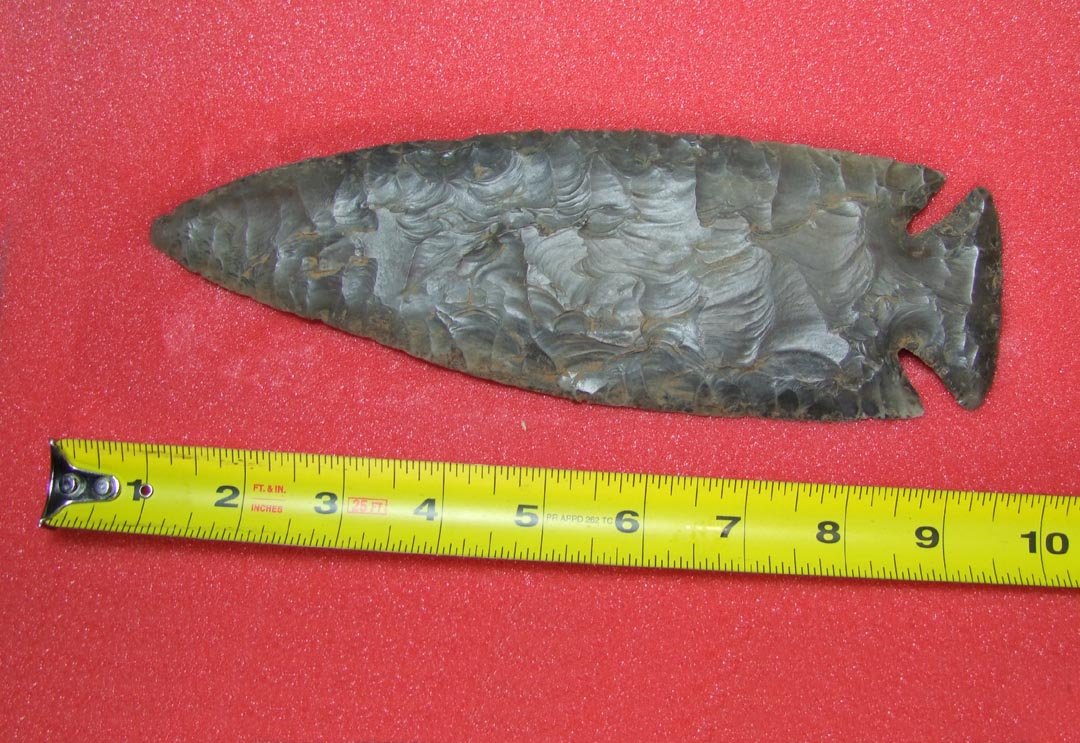9 1/8" Stone Spear Point: Notched spear point in very good condition.