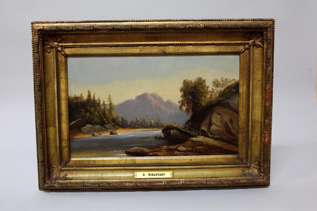 A. Bierstadt Painting: Identified as Albert Bierstadt (1830 - 1902) on the brass plate located on the center bottom of the frame. Titled on the back, "The South Platte". This is oil on paper laid down on canvas measuring 16
