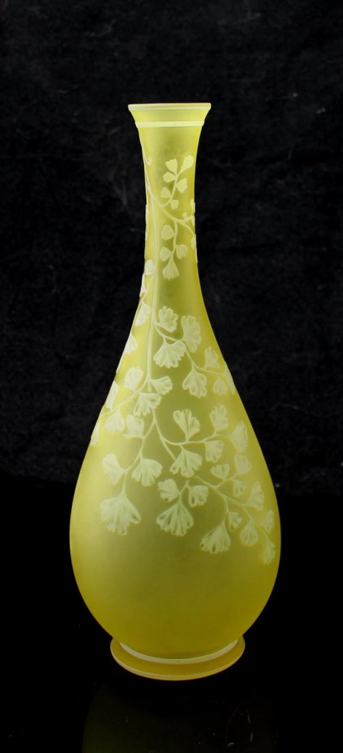 Webb Cameo Vase: Signed on the base two color 9 3/8" high vase with delicate white bands and leaves. Very good condition.