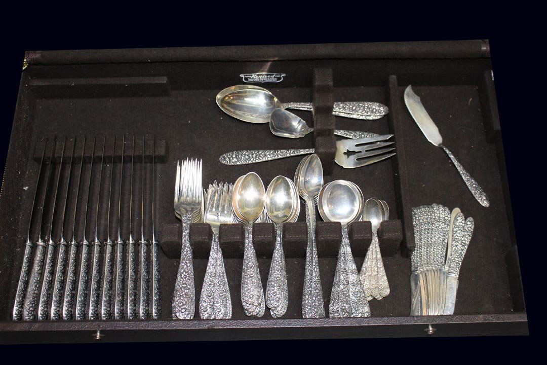 Manchester "Southern Rose" Sterling: Sterling 113 piece flatware service for twelve in "Southern Rose" pattern by Manchester with the Crown and Cross mark. Service consists of 12 seven inch forks 580.6 grams, 12 salad forks 363.2 grams,