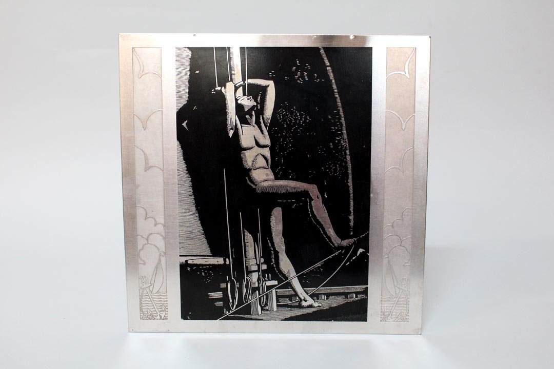 Rockwell Kent Etching Plate: Printer's plate with Art Deco male figure leaning against a ship mast with side panel images, circa 1930 after Rockwell Kent's "Night Watch". 12" x 12" steel plate from General Etching and Manufacturi