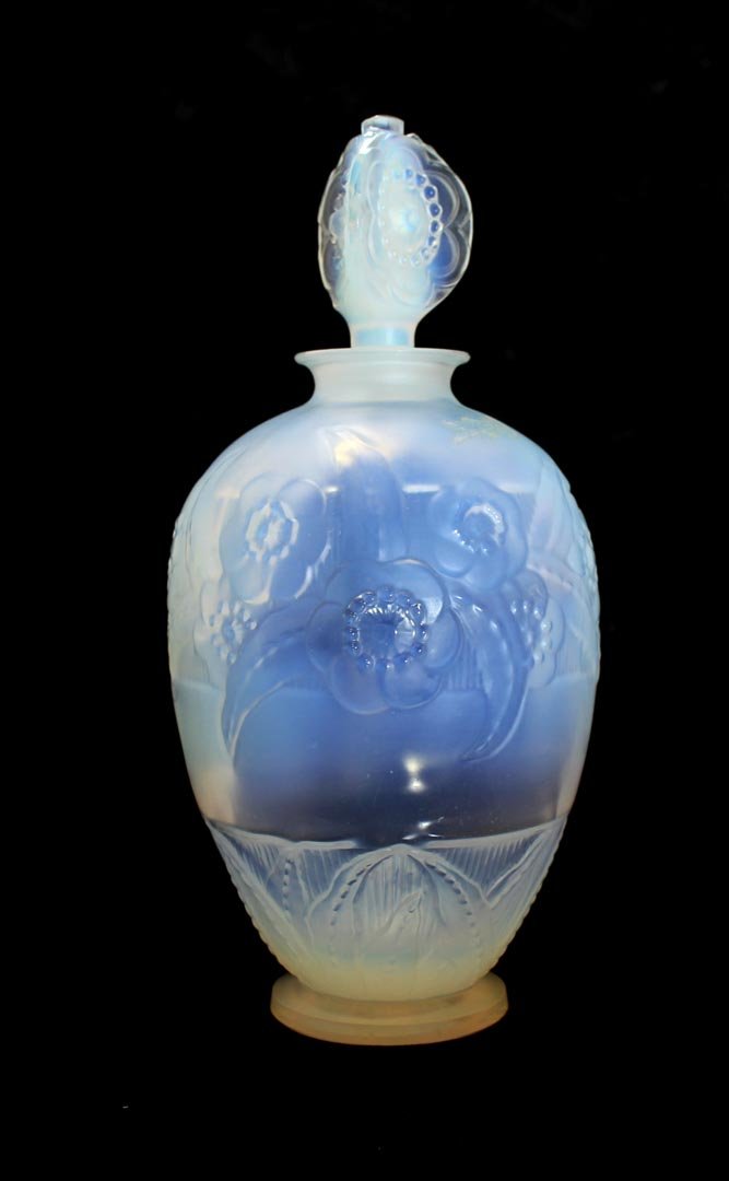 Sabino "Fleurs" Bottle: Early Sabino Fleurs pattern scent bottle singed in script and with raised block letters. 7 3/4" high. Very good condition.