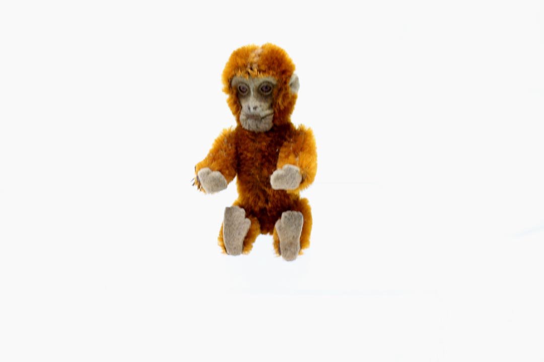 Mohair Schuco Monkey Perfume Holder: 4 1/2" 1930s novelty perfume holder with glass vial and stopper. Jointed limbs. Very good condition.