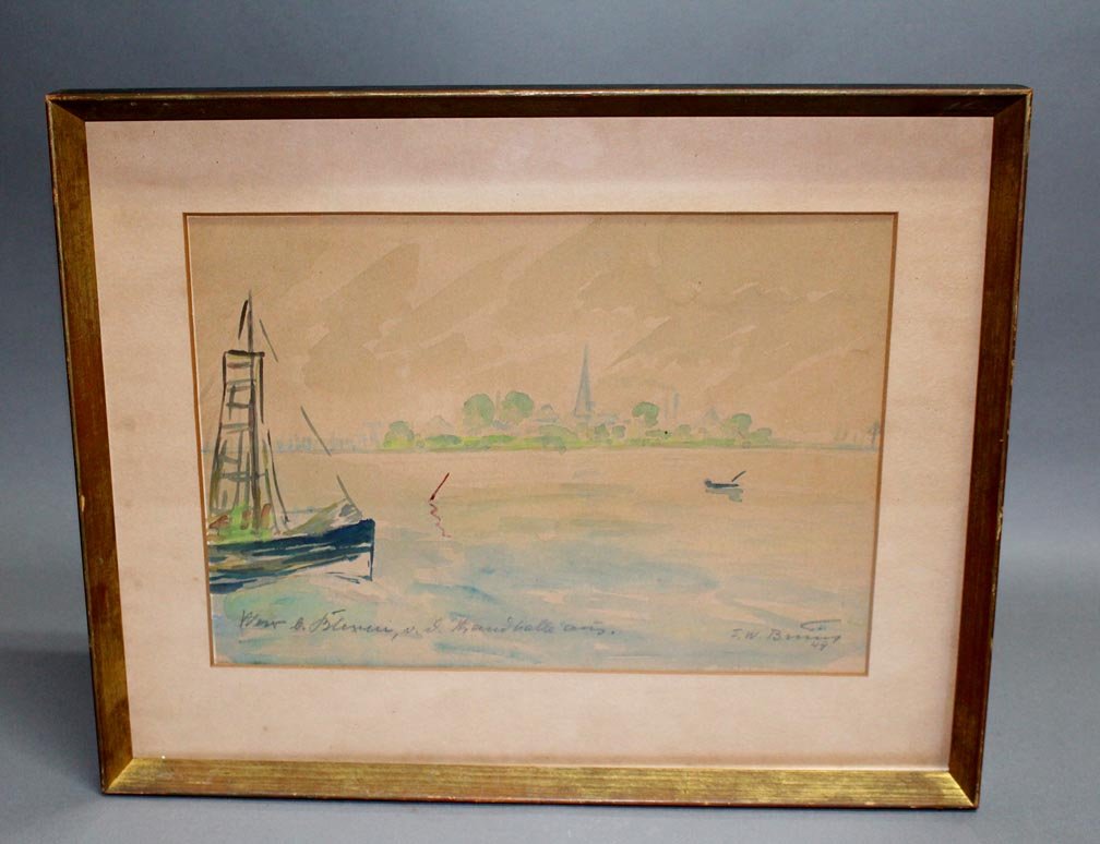 Frank Weston Benson Water Color: Boston view from the harbor signed and dated in lower right. Opening size 11" x 7 1/2" in frame measuring 14 1/2" x 11 1/2" high. Aged paper.