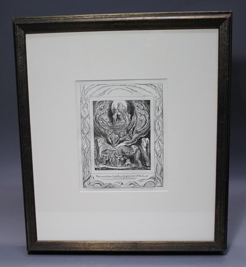 William Blake's "Book Of Job" - Plate #5: "Then went Satan forth from the presence of the Lord". Inscription reads: London. Published as the Act directs March 8, 1825, by Will Blake, No. 3 Fountain Court Strand. Page margins are untrimmed mea