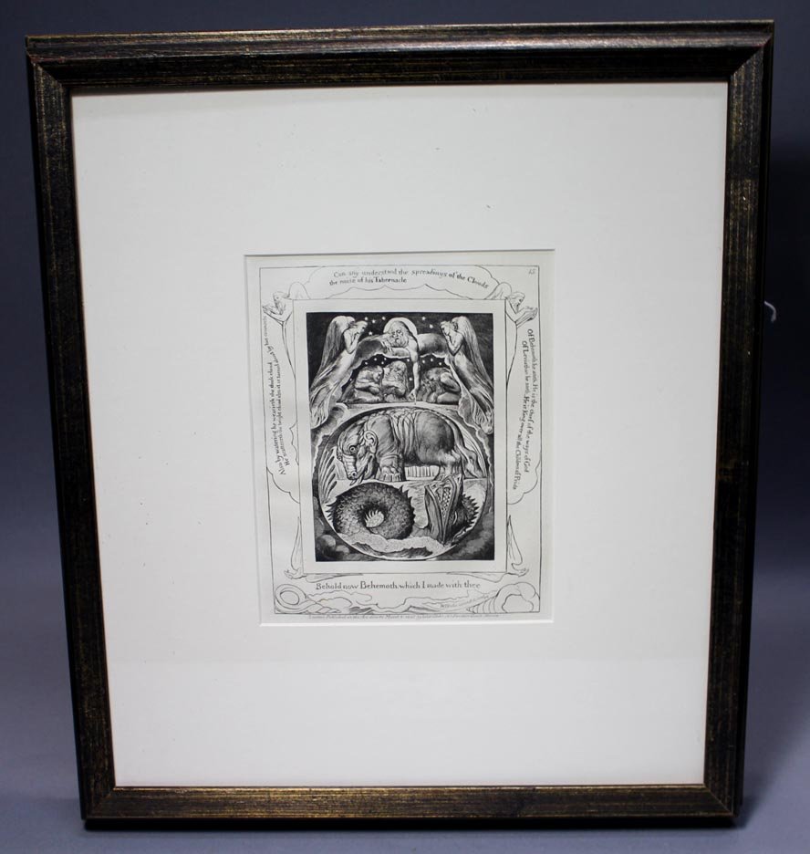 William Blake's "Book Of Job" - Plate #15: "Behold now Behemoth which I made with thee". Inscription reads: London. Published as the Act directs March 8, 1825, by Will Blake, No. 3 Fountain Court Strand. Page margins are untrimmed measures 10
