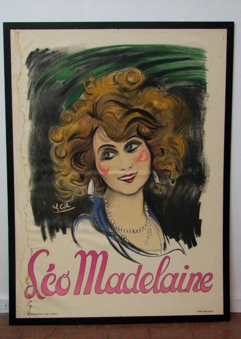 Leo Madelaine Poster By Charles Gir: Issued in 1928 signed in the plate. Water stains on left side facing. Frame measures 48 3/4" x 65" high.