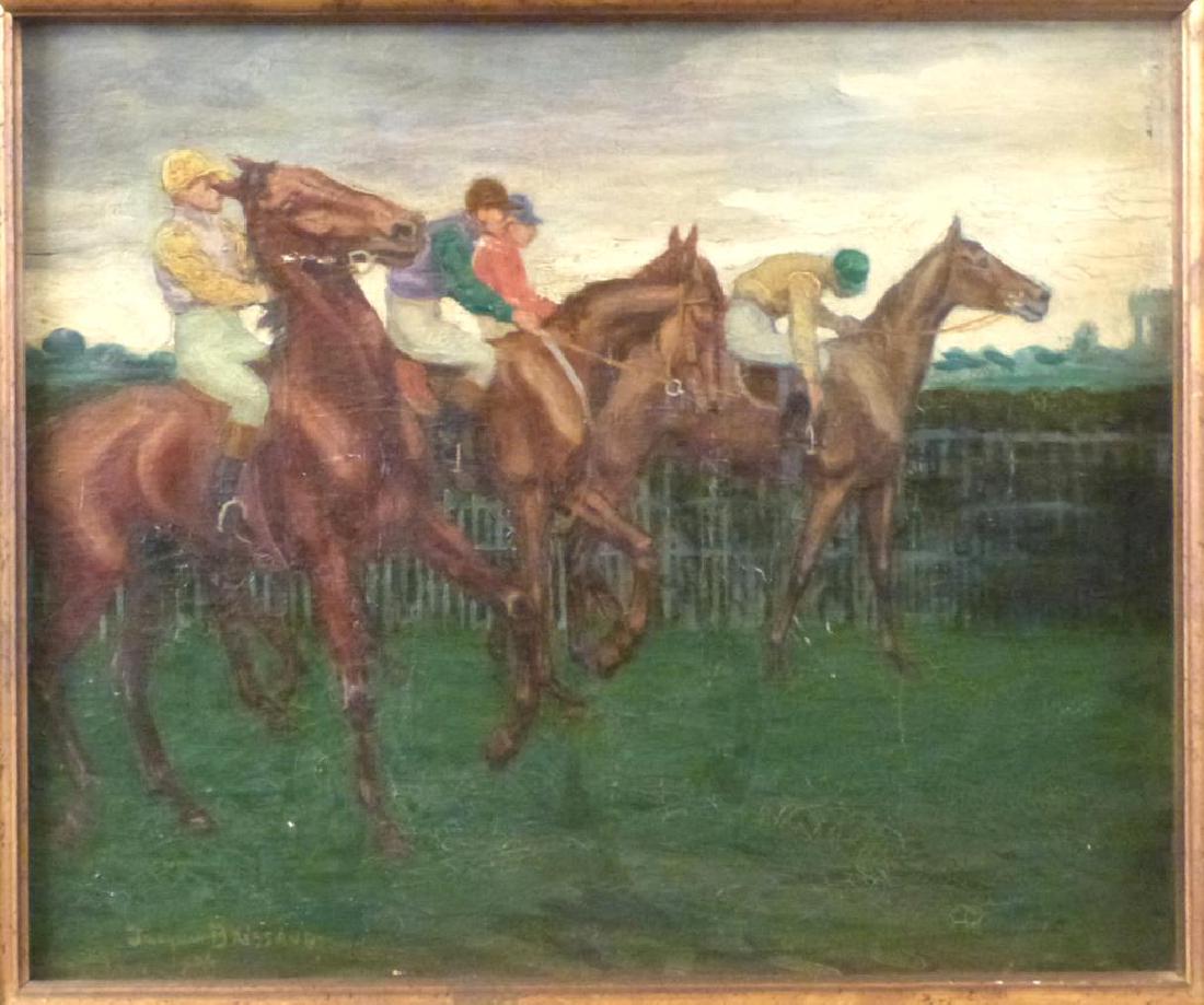 Jacques Brissaud - Oil on Canvas: Oil on canvas. Four jockeys in horse race. Signed lower left. 17.25 X 21" (24" X 27.5"). From a 50 year old collection in Riverdale, NY."