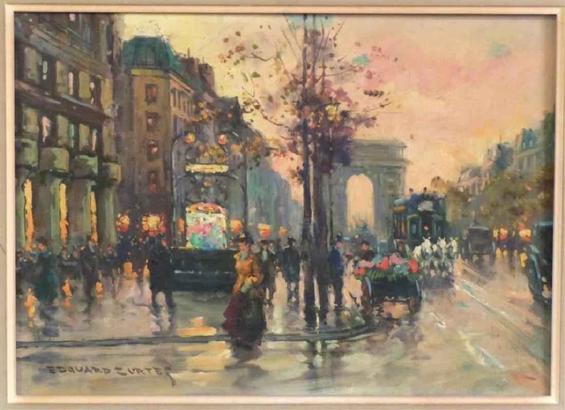 Edouard Cortes (French 1882-1969) - Oil on Canvas: Paris street scene with Arc de Triomphe. Signed lower left. 12.5 X 17.5" (20" X 25"). From a 50 year old collection in Riverdale, NY. See photo circa 1970 from present apartment."