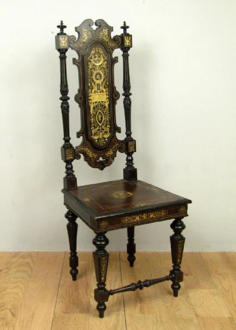 Italian Decorated and Carved Hall Chair: Ebonized frame with figures and putti inlay. Repairs. Needs re tightening. 19W X 17"D X 49.5"H"