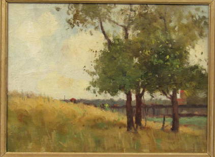 Gustave Wolff (American, 1863 -1934): Oil on canvas. A Quiet Field," landscape with trees and house in the distance. Ex. Witchita Art Museum.11.5" X 15.5" (16.5" X 20.5")"