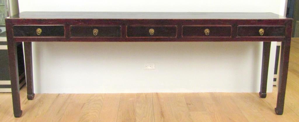 Chinese Five Drawer Altar Console: Dark stained with lighter trim and round brass pulls. As is. 88.5"W X 16"D X 33"H