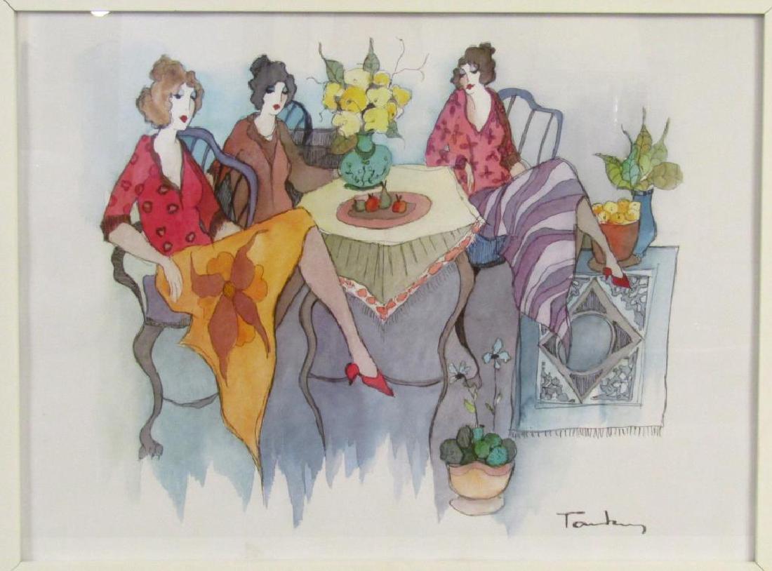 Itzchak Tarkay (1935-2012) - Water Color: 3 Women at a table. Signed lower right. 17.5 X 23.5" (23" X 29")"