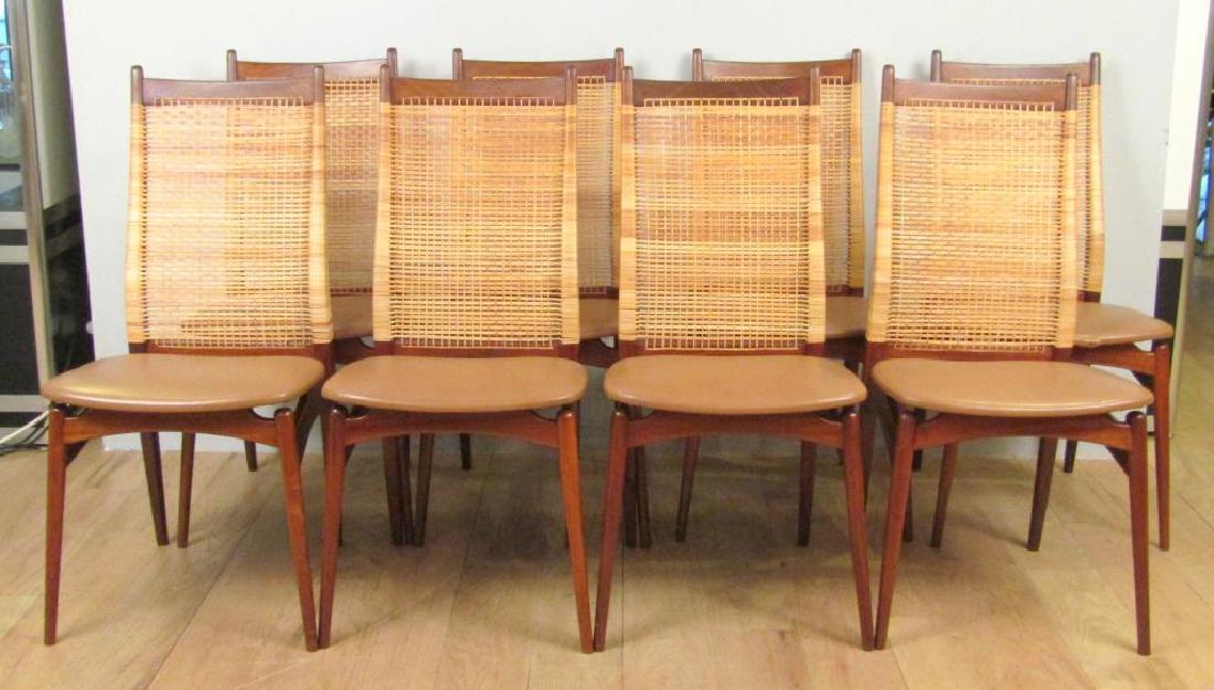 Set of 8 Jos De Mey Side Chairs: Danish modern with rattan backs, floating seat, and tapered legs. Some seats with tears and scuffs. Jos De Me for Van Den Berghe- Pauvers.17W X 20"D X 37.5"H"